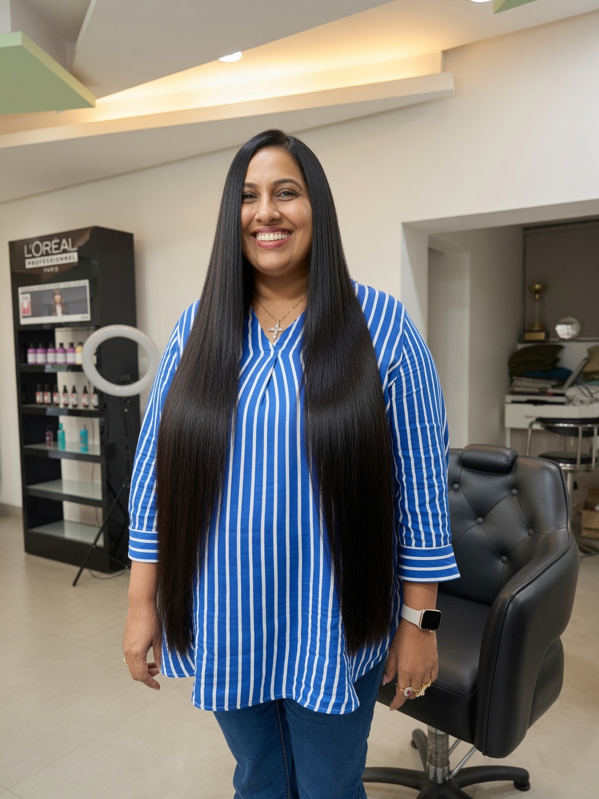 Long, glossy straight hair after a salon appointment