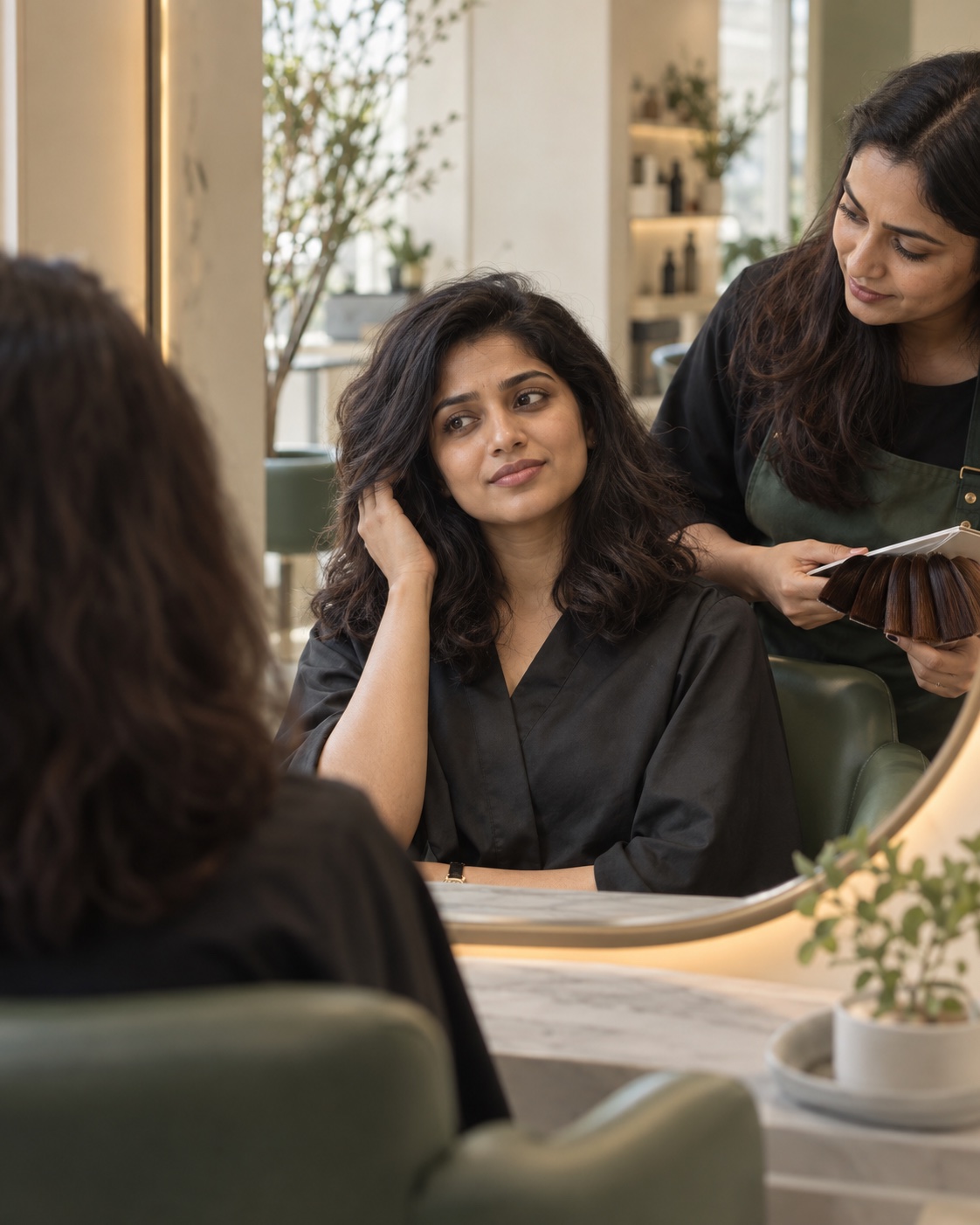 Indian woman discussing hair colour choices with a colourist