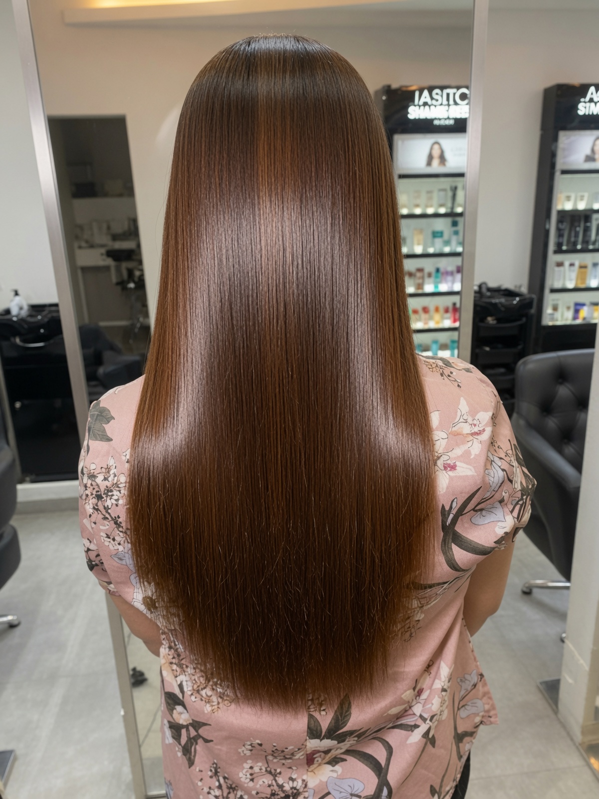 Glossy rich-brown colour on long straight hair