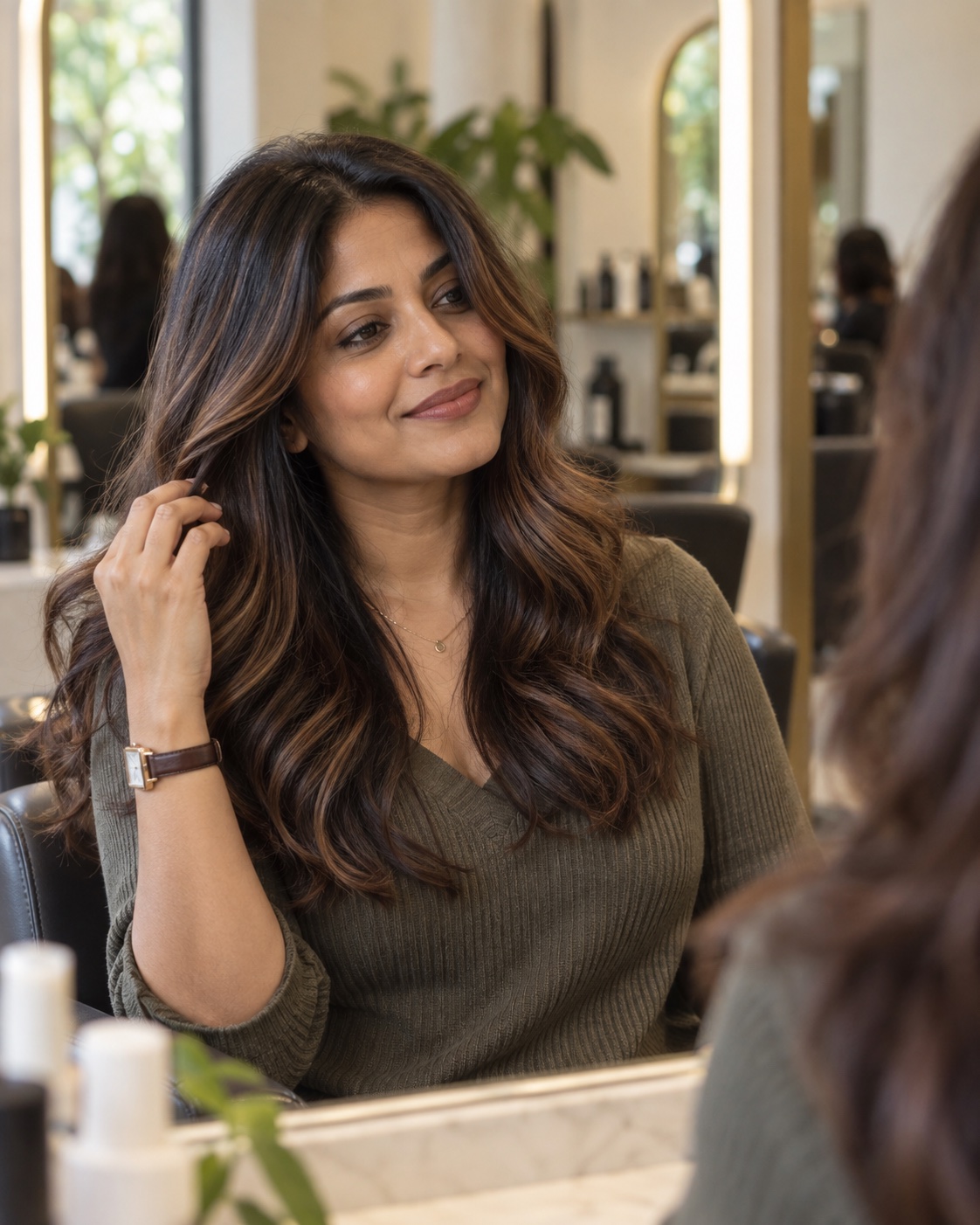 Indian woman considering subtle chestnut and caramel dimension in her hair