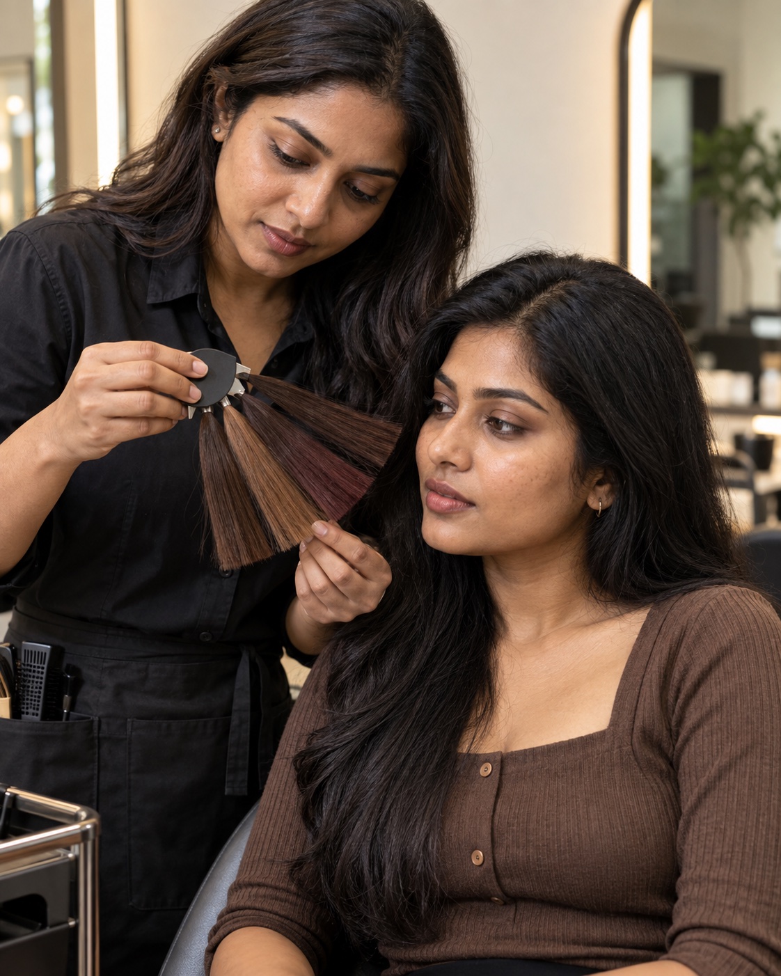 Colourist comparing mocha, chestnut, caramel and burgundy swatches beside an Indian client