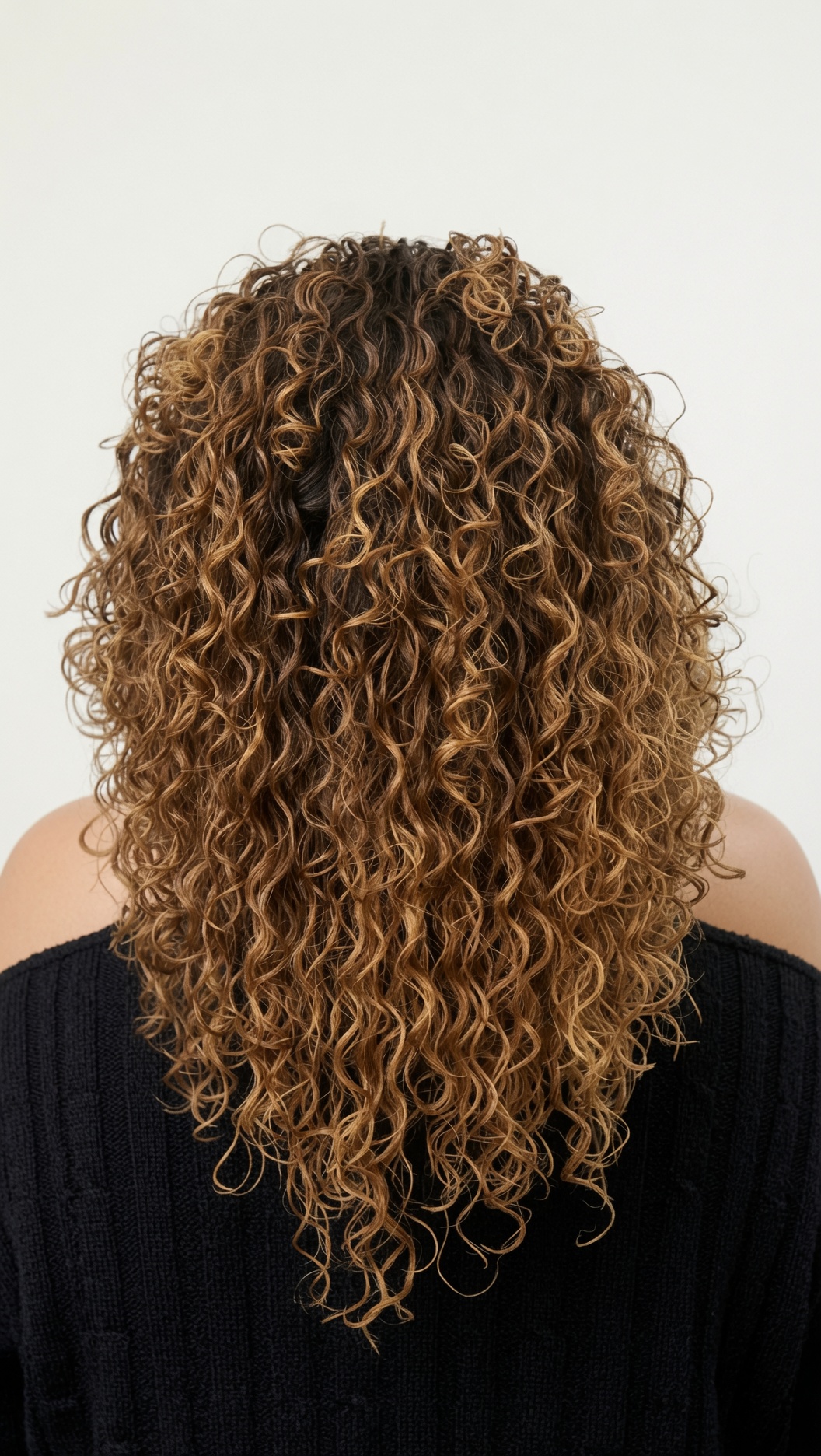 Caramel-toned permanent curls with soft definition