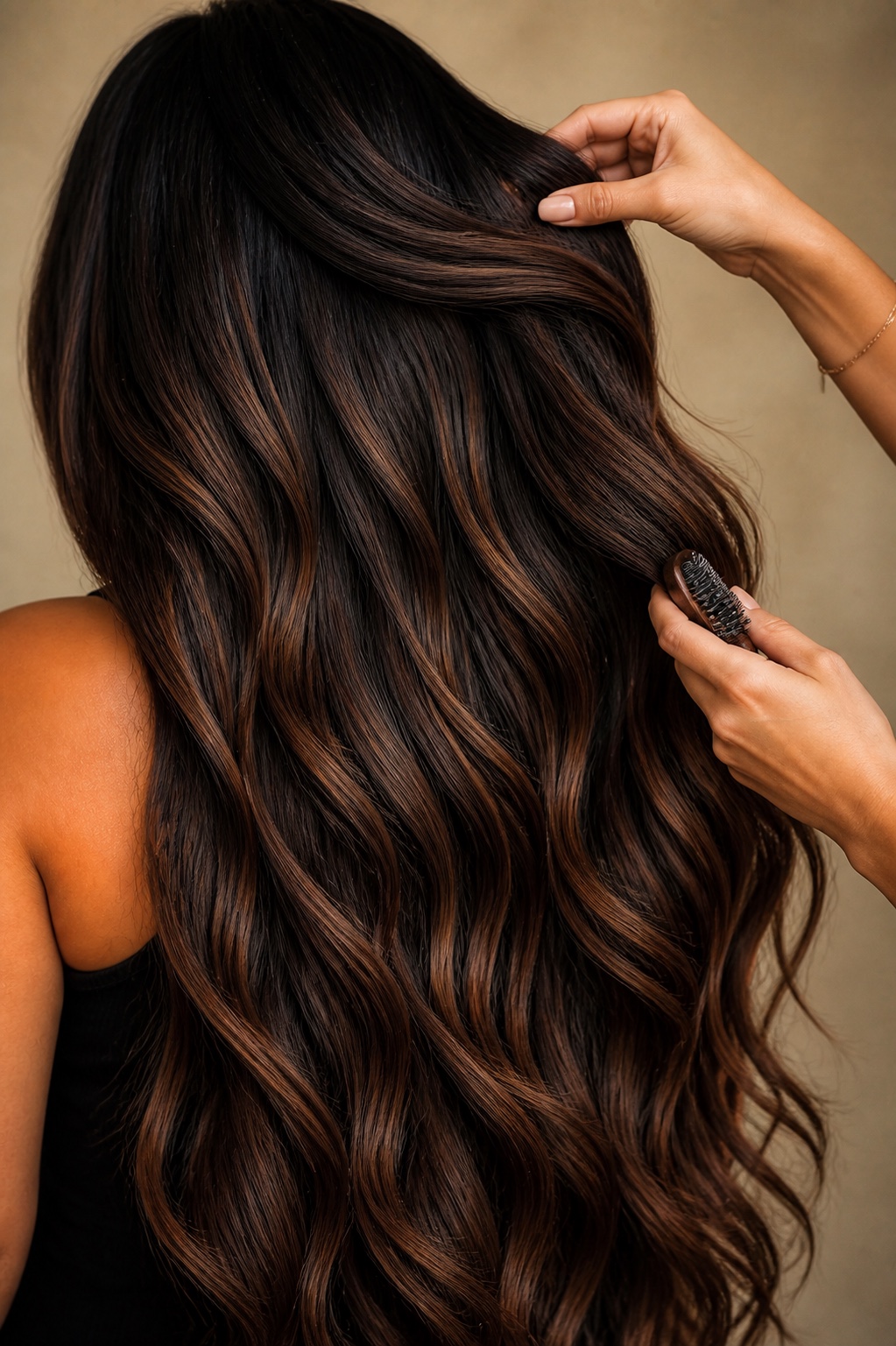 Stylist blending long dark hair extensions with chestnut and mocha tones, with no face visible