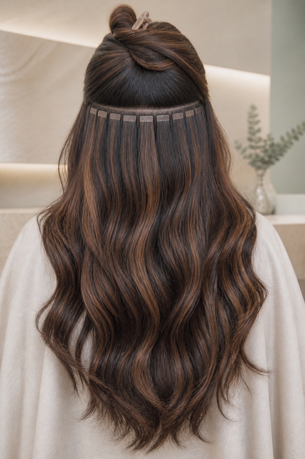 Back view showing a neat row of professional tape hair extensions beneath lifted brunette hair