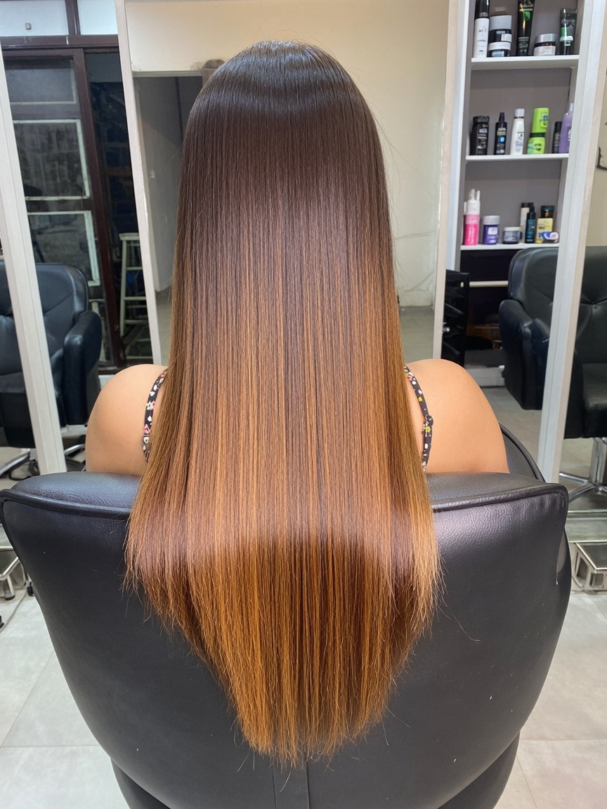Long copper-toned hair with a glossy straight finish after treatment