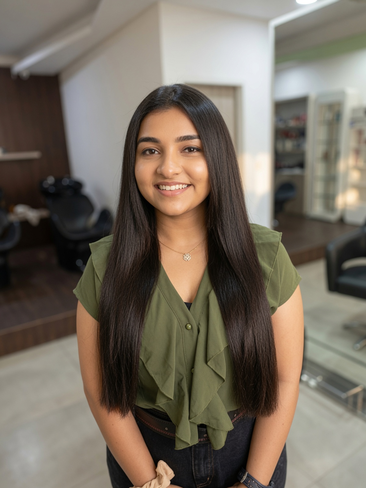 A smiling Salon Nayana client with long glossy straight hair