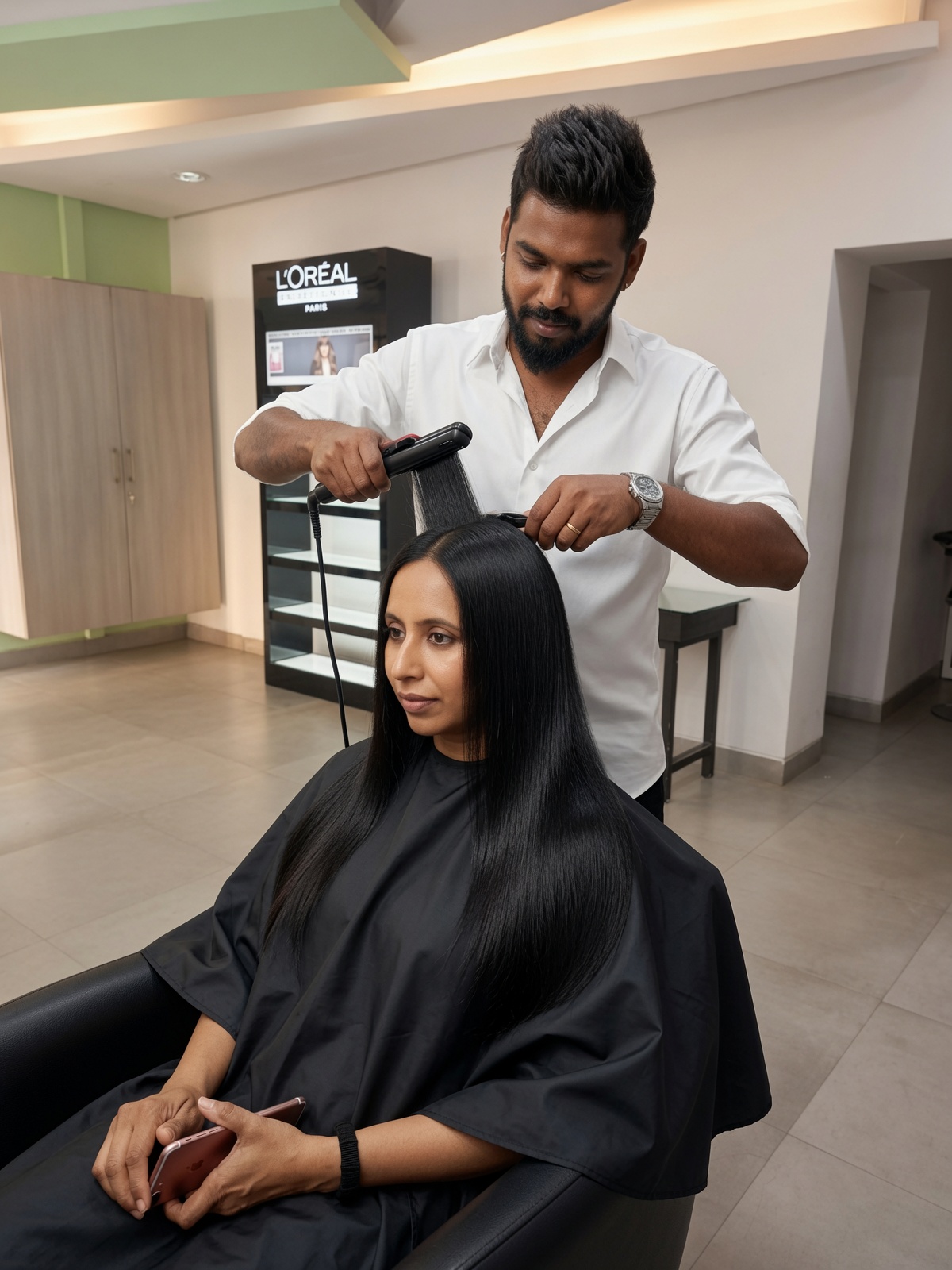 A Salon Nayana stylist carefully straightening a client’s long black hair